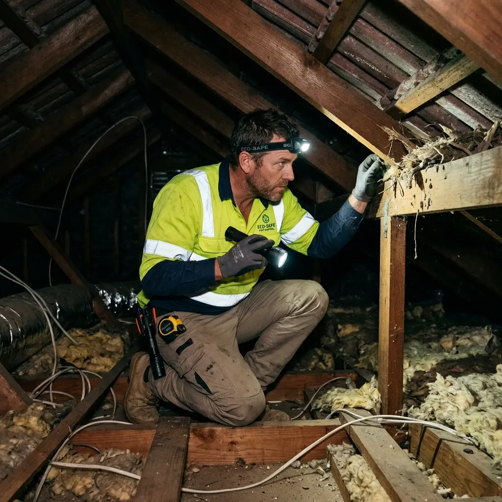 Technician inspecting a roof cavity for a dead animal in Oak Park
