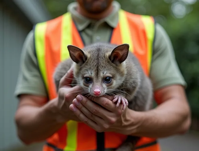 Animal handler safely recovering a deceased possum in Oak Park