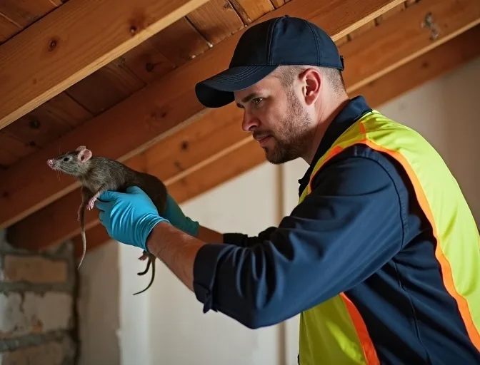 Technician inspecting a roof cavity for a dead rat in Oak Park
